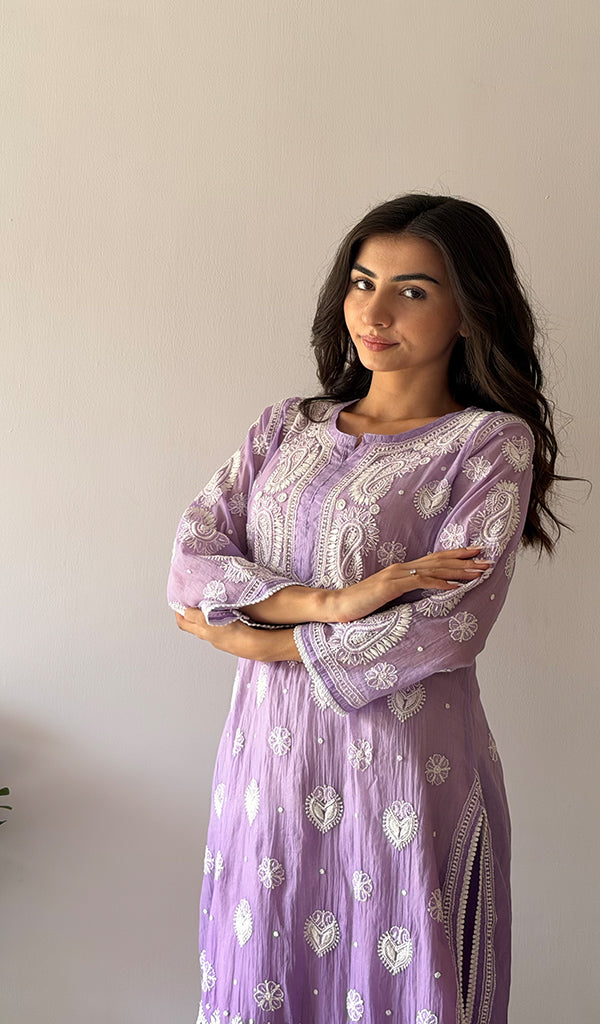 Women's Lucknowi Handcrafted Mul Chanderi Stitched Chikankari Kurta And Plazzo Set- HONC03790590