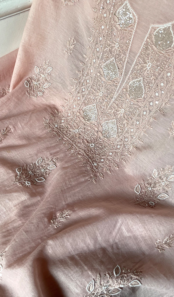 Women's Lakhnavi Handcrafted Mul Chanderi Unstitched Chikankari Full Suit Material - HONC0314655