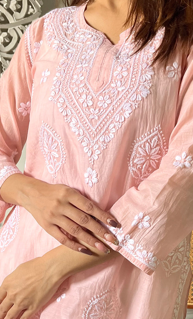 Ishani Women's Lakhnavi Handcrafted Mul Chanderi Chikankari Top - HONC0325418