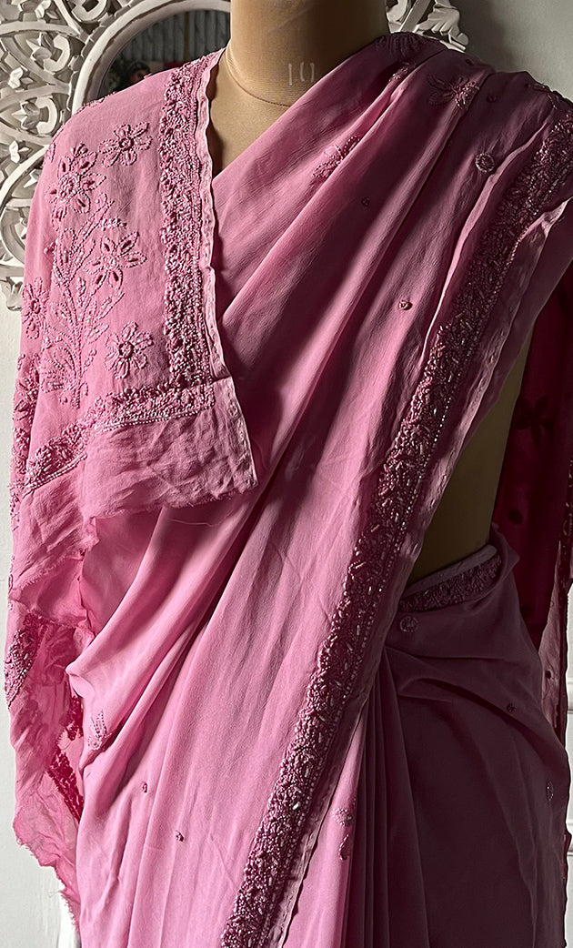 Women's Lakhnavi Handcrafted Viscose Georgette Chikankari Saree - HONC0333857