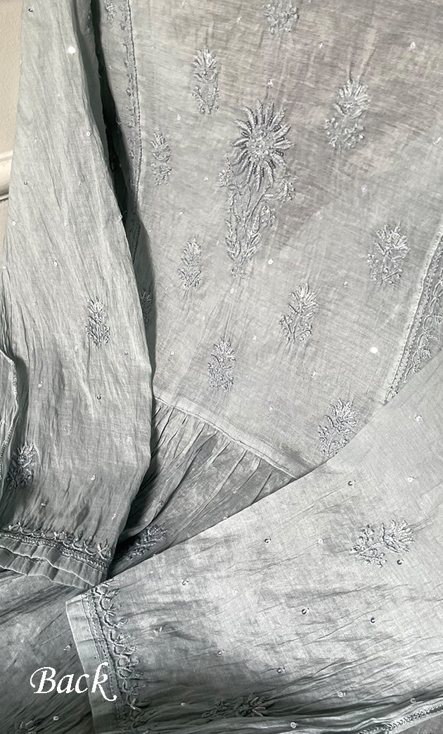 Women's Lakhnavi Handcrafted Mul Chanderi Semi - stitched Chikankari Full Suit Material - HONC0319558