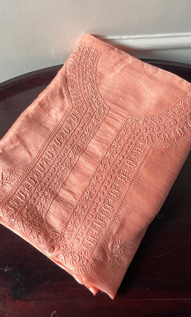 Lucknowi Handcrafted Raw Silk Chikankari Unstitched Men's Kurta Fabric - HONC0288528