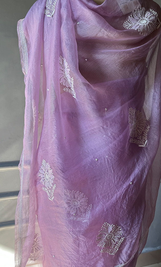 Amna Women's Lucknowi Handcrafted Pure Organza Silk Chikankari Saree - HONC0297170