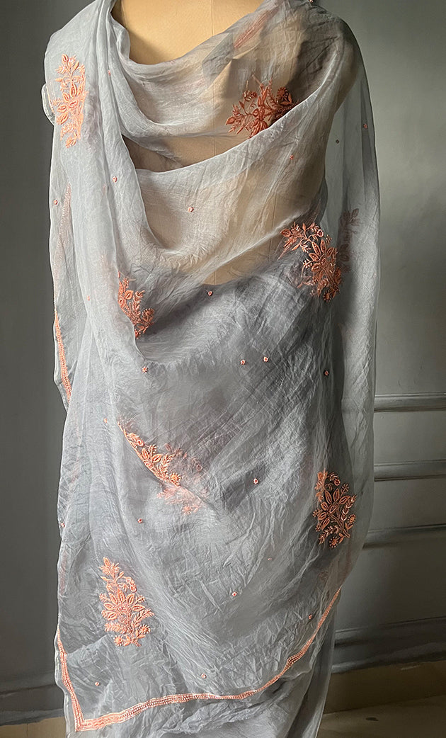 Women's Lucknowi Handcrafted Pure Organza Silk Chikankari Saree - HONC0283196