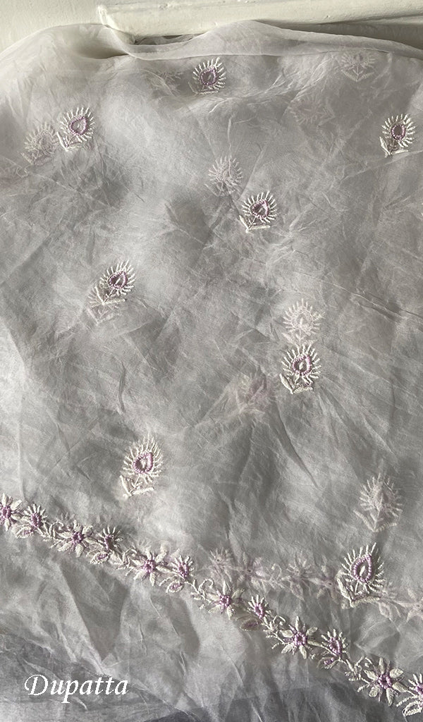 Women's Lakhnavi Handcrafted Pure Organza Chikankari Unstitched Kurta And Dupatta Set- HONC0307961