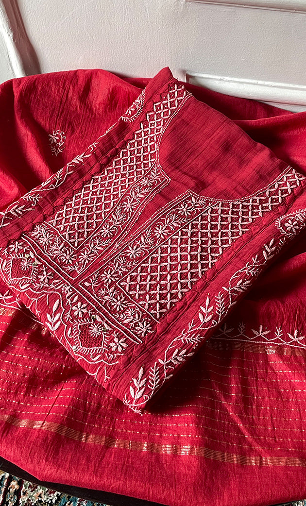 Women's Lakhnavi Handcrafted Semi- stitched Mul Chanderi Kurta And Dupatta Set - HONC0282410