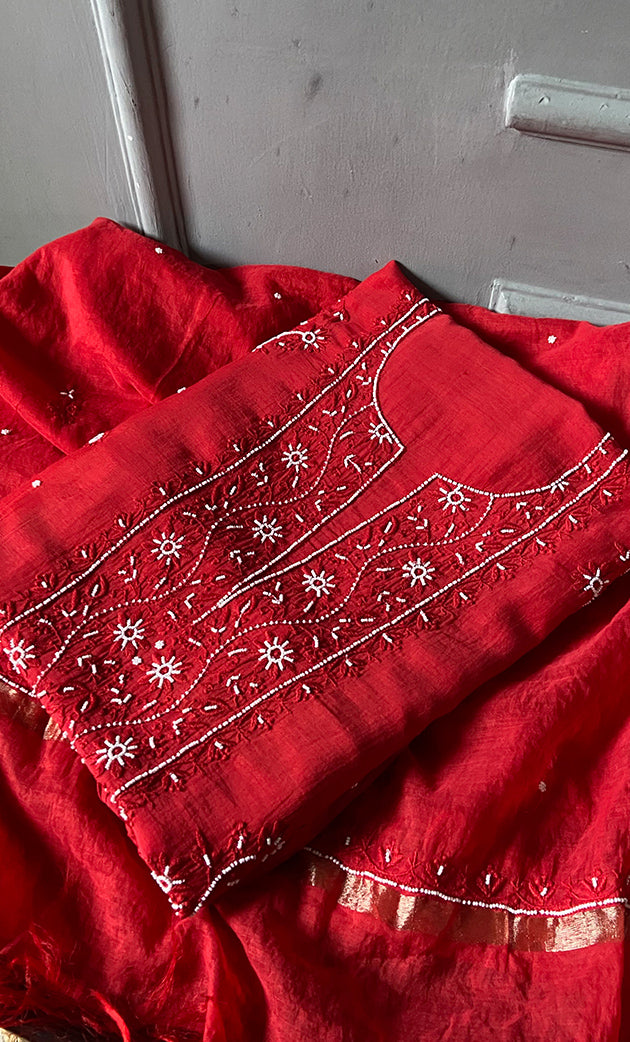 Women's Lakhnavi Handcrafted Mul Chanderi Unstitched Chikankari Full Suit Material -HONC0272784