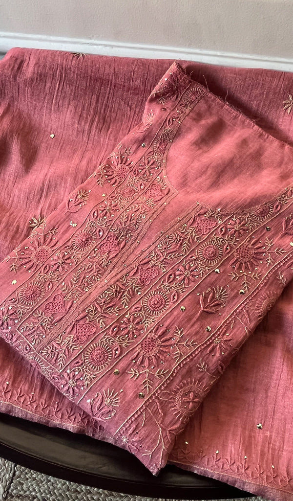 Women's Lakhnavi Handcrafted Tissue Chanderi Semi - Stitched Kurta And Dupatta Set - HONC0253181