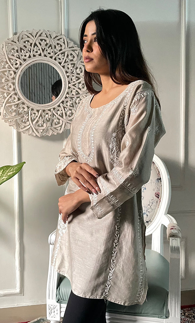 Women's Lakhnavi Handcrafted Mul Chanderi  Chikankari Top - HONC0329095