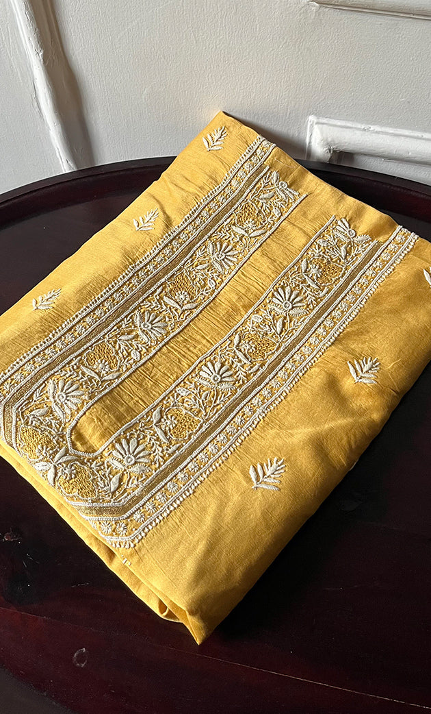 Lucknowi Handcrafted Chanderi Silk Chikankari Unstitched Unisex Kurta Fabric - HONC0275121