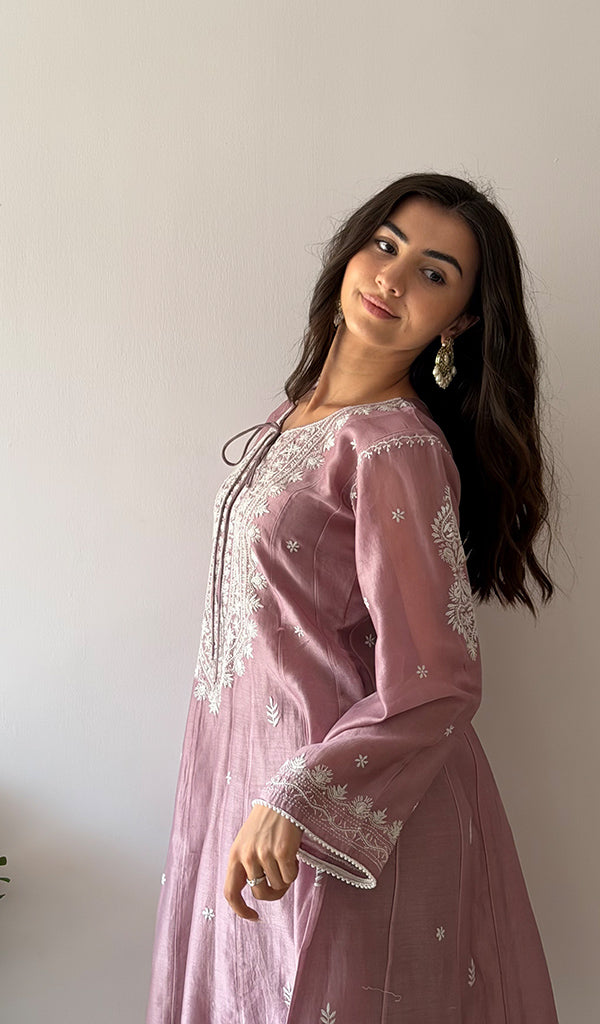 Women's Lucknowi Handcrafted Mul Chanderi Stitched Chikankari Kurta And Plazzo Set- HONC0379066