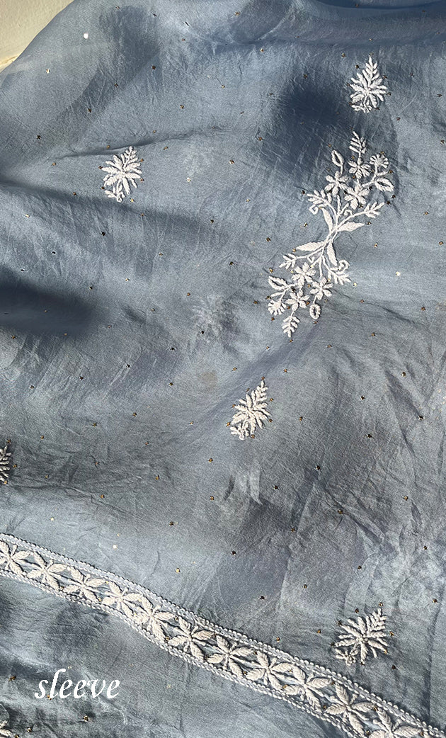 Afeera Women's Lakhnavi Handcrafted Pure Organza Chikankari Unstitched Kurta And Dupatta Set- HONC0302226