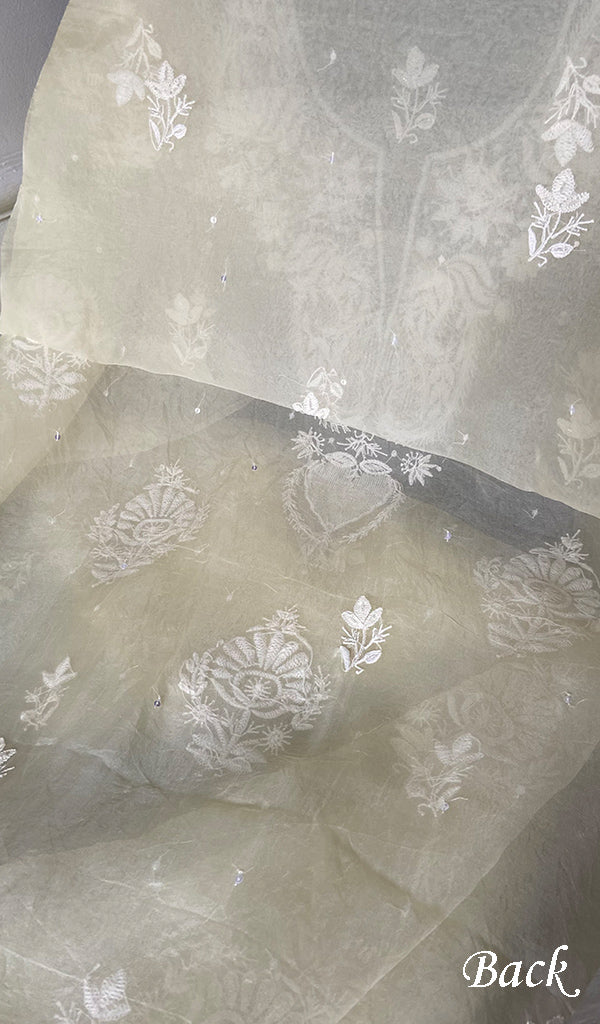 Women's Lakhnavi Handcrafted Pure Organza Chikankari Unstitched Full Suit Material - HONC0361467