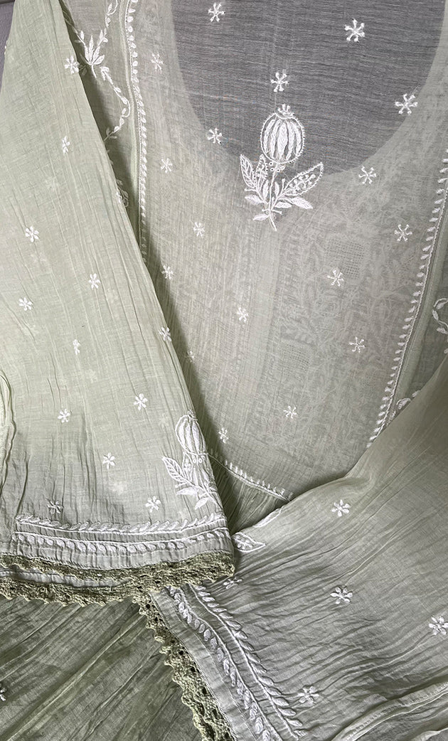 Izana Women's Lakhnavi Handcrafted Mul Chanderi Semi - stitched Chikankari Full Suit Material - HONC0333507