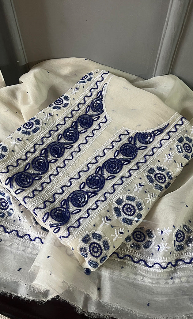 Women's Lakhnavi Handcrafted Pure Organza Chikankari Unstitched Kurta And Dupatta Set- HONC0310886