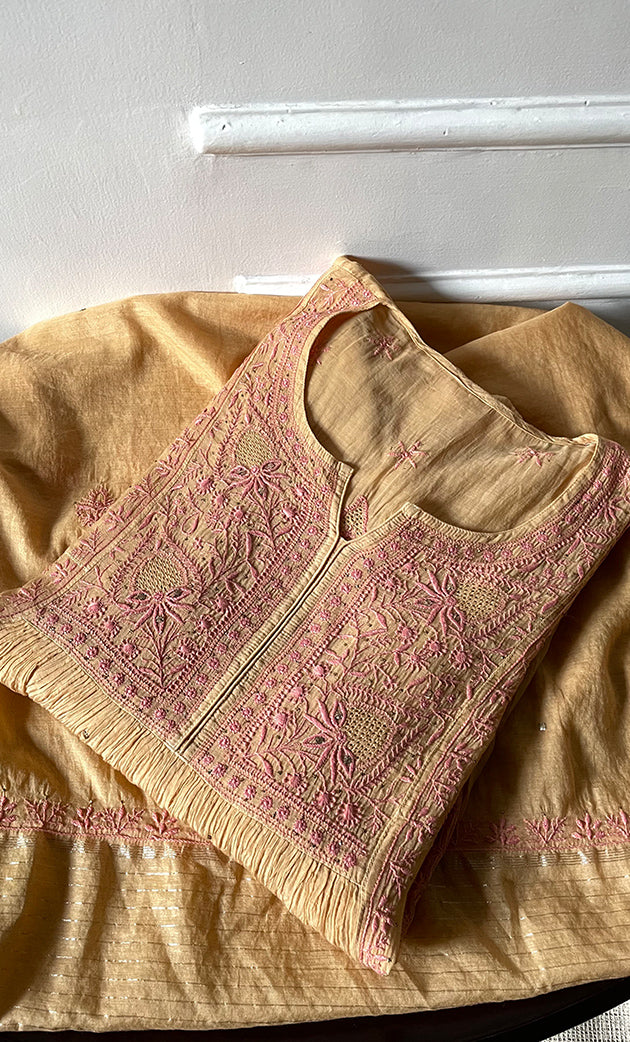 Women's Lakhnavi Handcrafted Mul Chanderi Semi-Stitched Kurta And Dupatta Set - HONC0284708