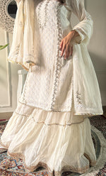 Load image into Gallery viewer, Women's Lakhnavi Handcrafted Mul Chanderi Chikankari Stitched Kurta, Dupatta And Gharara Set - HONC0324079