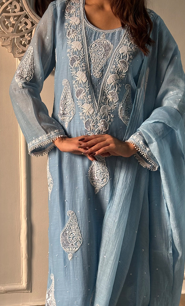 Women's Lakhnavi Handcrafted Mul Chanderi Chikankari Stitched Kurta, Dupatta And Pant Set - HONC0317786