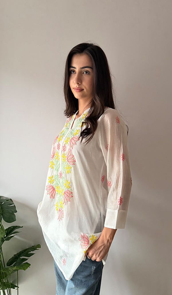 Sophia Women's Lakhnavi Handcrafted Mul Chanderi Chikankari Top - HONC0372954