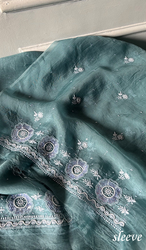 Women's Lakhnavi Handcrafted Pure Organza Chikankari Unstitched Kurta And Dupatta Set- HONC0339019