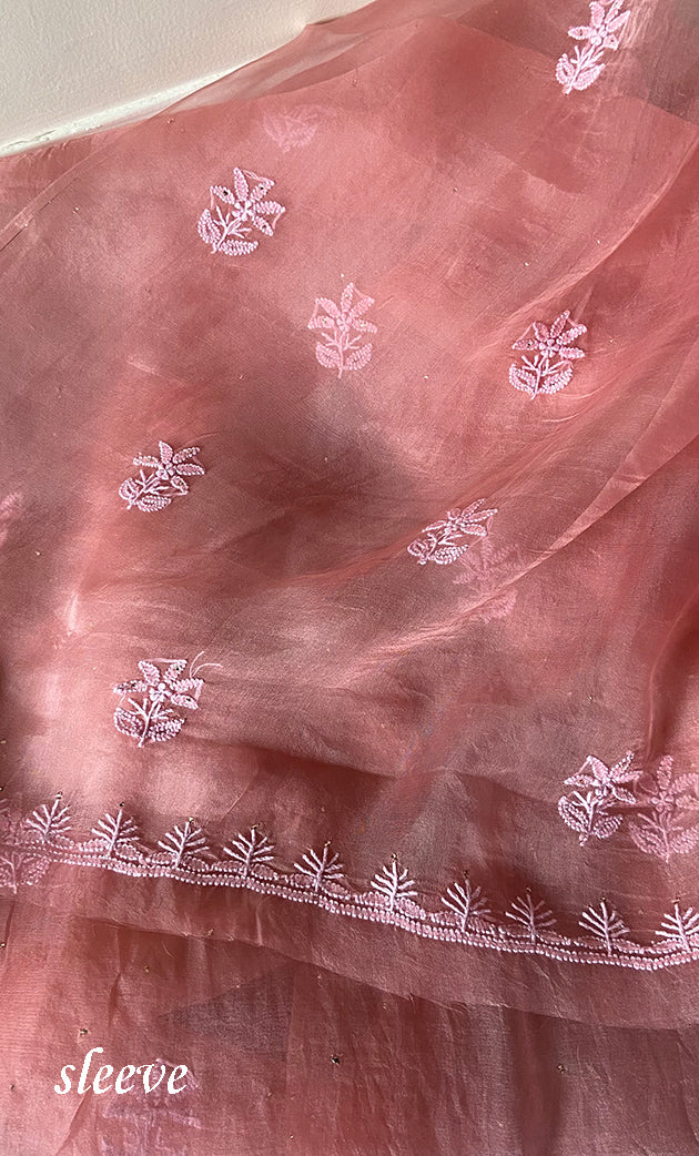 Women's Lakhnavi Handcrafted Pure Organza Chikankari Unstitched Kurta And Dupatta Set- HONC0266926