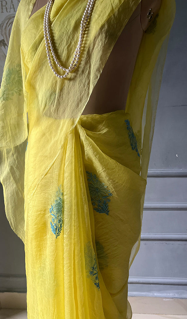 Women's Lucknowi Handcrafted Pure Organza Silk Chikankari Saree - HONC0298119