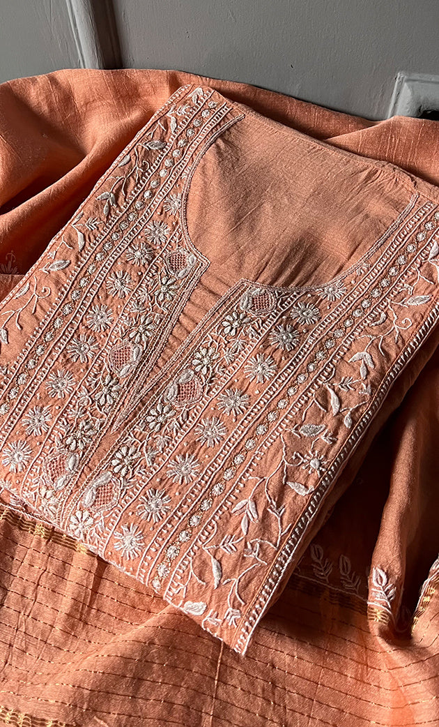 Women's Lakhnavi Handcrafted Munga Silk Chikankari  Semi - Stitched Kurta And Dupatta Set- HONC0268496