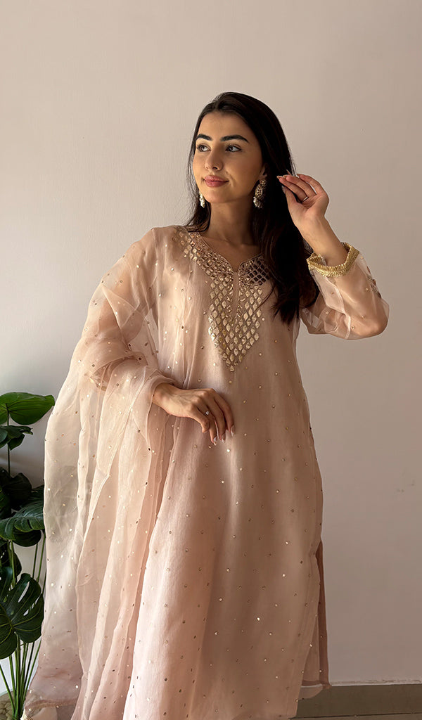 Alfia Women's Lucknowi Handcrafted Pure Organza Silk Stitched Chikankari Kurta, Dupatta With Pant Set- HONC0362256