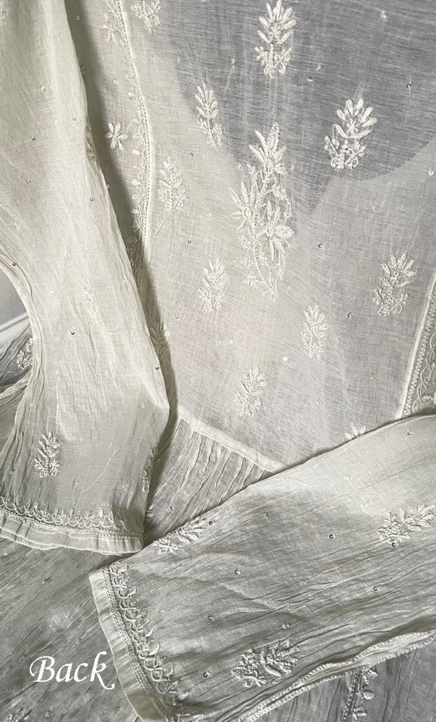 Women's Lakhnavi Handcrafted Mul Chanderi Semi - stitched Chikankari Full Suit Material - HONC0319562