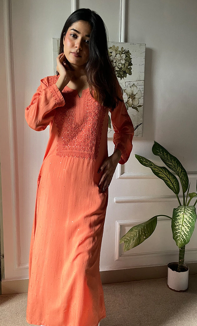Rooh Women's Lucknowi Handcrafted Modal Cotton Chikankari Kurti - HONC0264899
