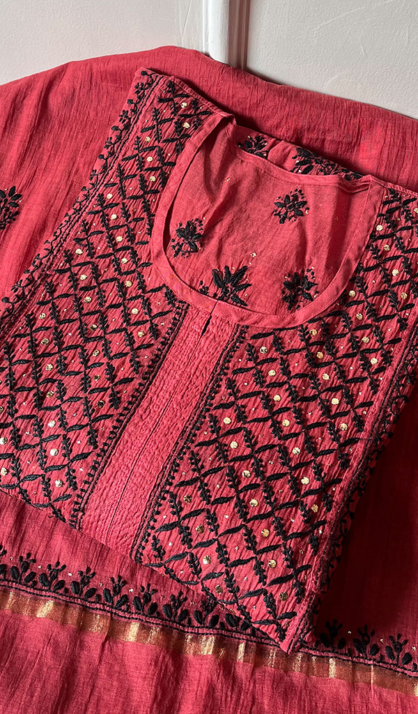 Women's Lakhnavi Handcrafted Mul Chanderi Semi - Stitched Kurta And Dupatta Set - HONC0257376