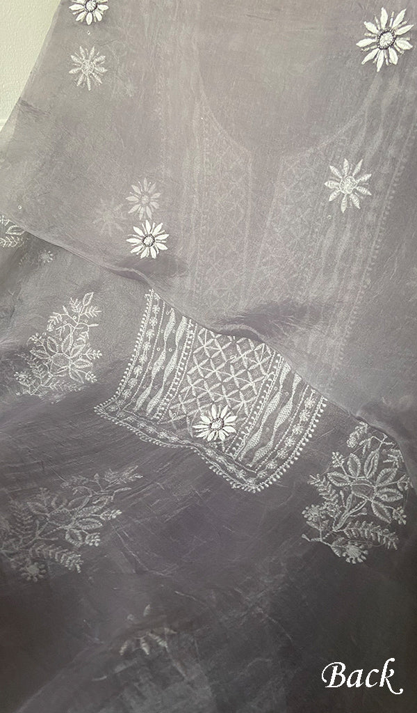 Women's Lakhnavi Handcrafted Pure Organza Chikankari Unstitched Kurta And Dupatta Set- HONC0335082