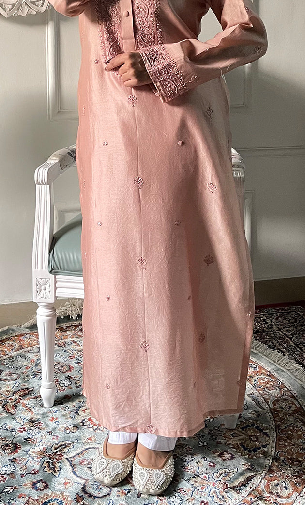 Women's Lucknowi Handcrafted Chanderi Silk Chikankari Kurti - HONC0318772