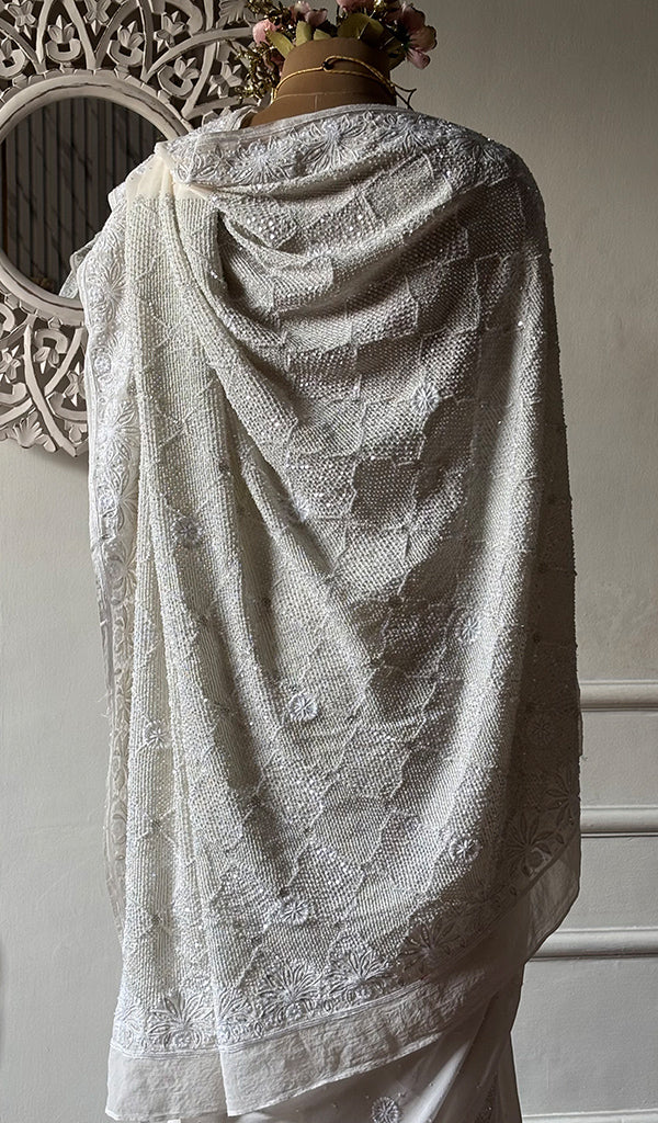 Women's Lakhnavi Handcrafted Pure Silk Georgette Chikankari Saree- HONC0325906