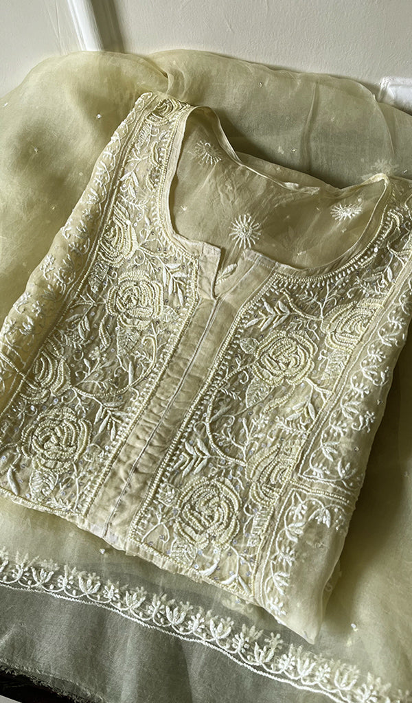 Women's Lakhnavi Handcrafted Pure Organza Chikankari Semi - Stitched Kurta And Dupatta Set- HONC0207085