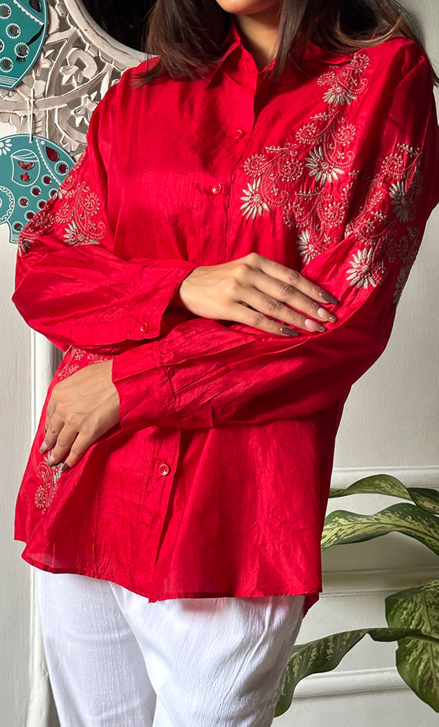 Arohi Women's Lakhnavi Handcrafted Pure Manglore silk top with fine Chikankari - HONC0306916