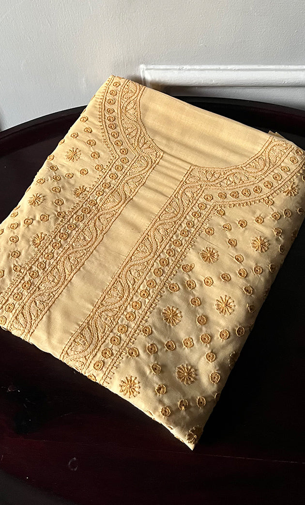 Lucknowi Handcrafted Cotton Chikankari Unstitched Men's Kurta Fabric - HONC0289825