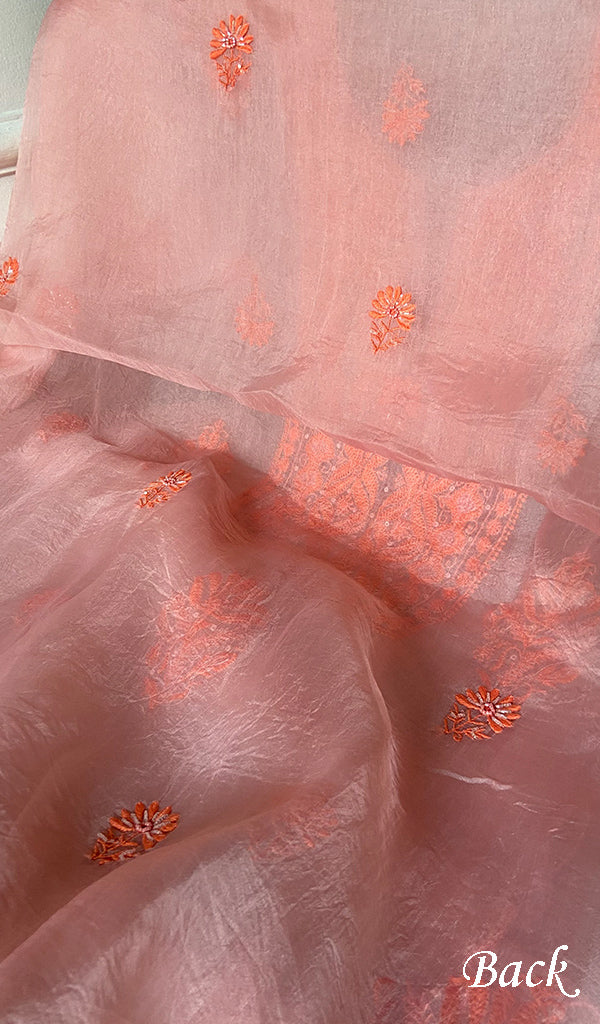 Women's Lakhnavi Handcrafted Pure Organza Chikankari Unstitched Kurta And Dupatta Set- HONC0333539