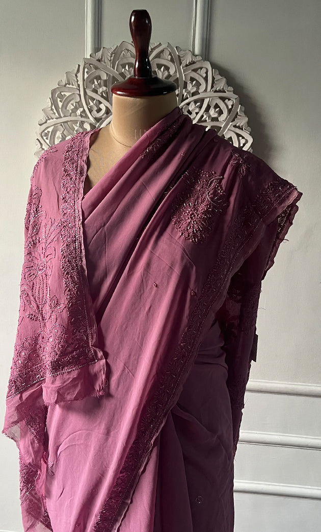 Women's Lakhnavi Handcrafted Viscose Georgette Chikankari Saree - HONC0329024