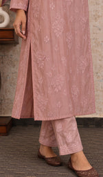 Women's Lucknowi Handcrafted Chanderi Silk  Stitched Chikankari Kurta And Pant Set .