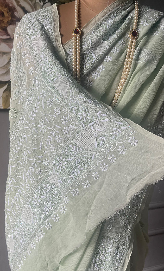 Women's Lakhnavi Handcrafted Pure Silk Georgette Chikankari - HONC0284208