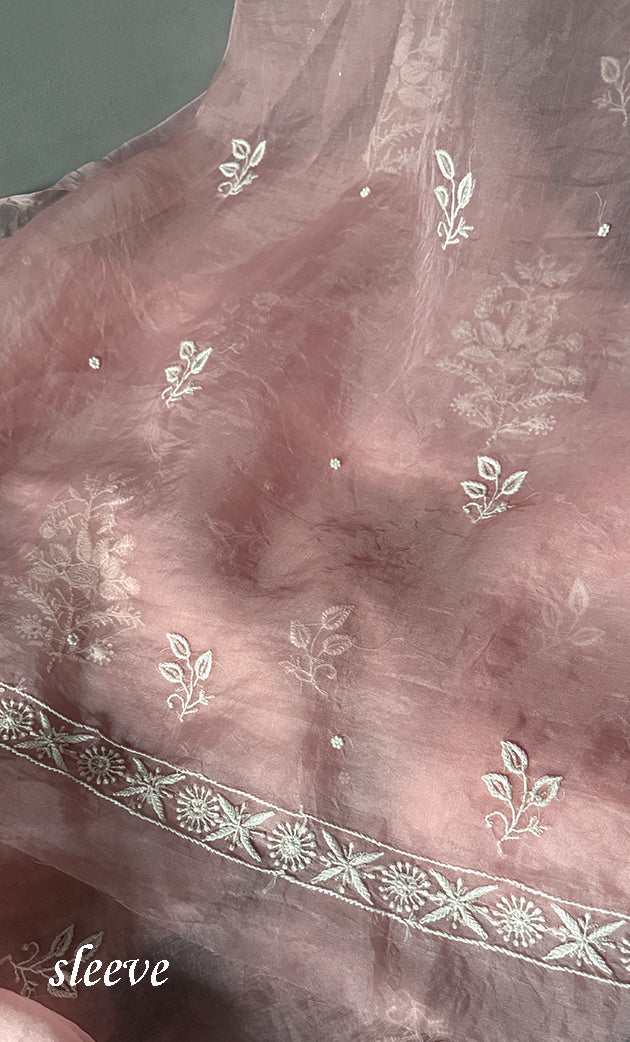 Women's Lakhnavi Handcrafted Pure Organza Chikankari Unstitched Kurta And Dupatta Set- HONC0305193