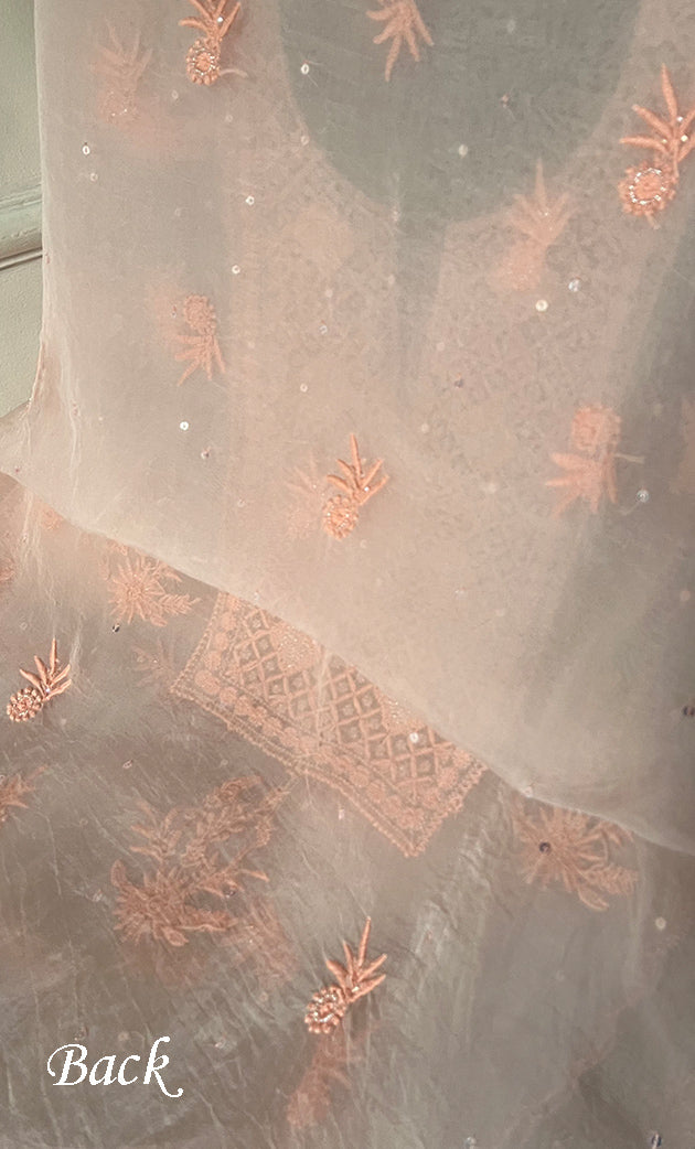 Women's Lakhnavi Handcrafted Pure Organza Chikankari Unstitched Kurta And Dupatta Set- HONC0328269