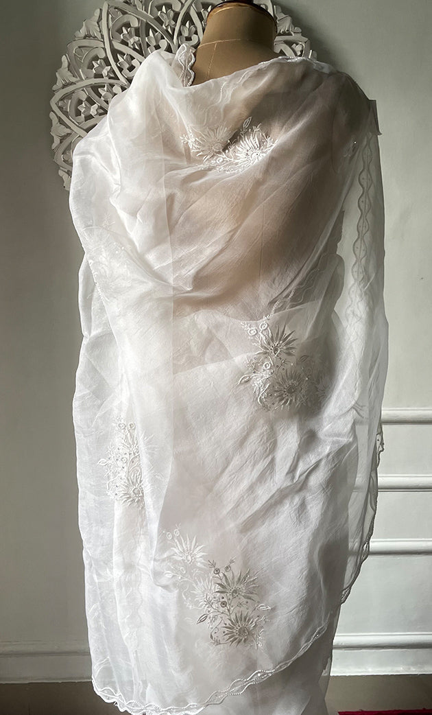 Women's Lucknowi Handcrafted Pure Organza Silk Chikankari Saree - HONC0321035