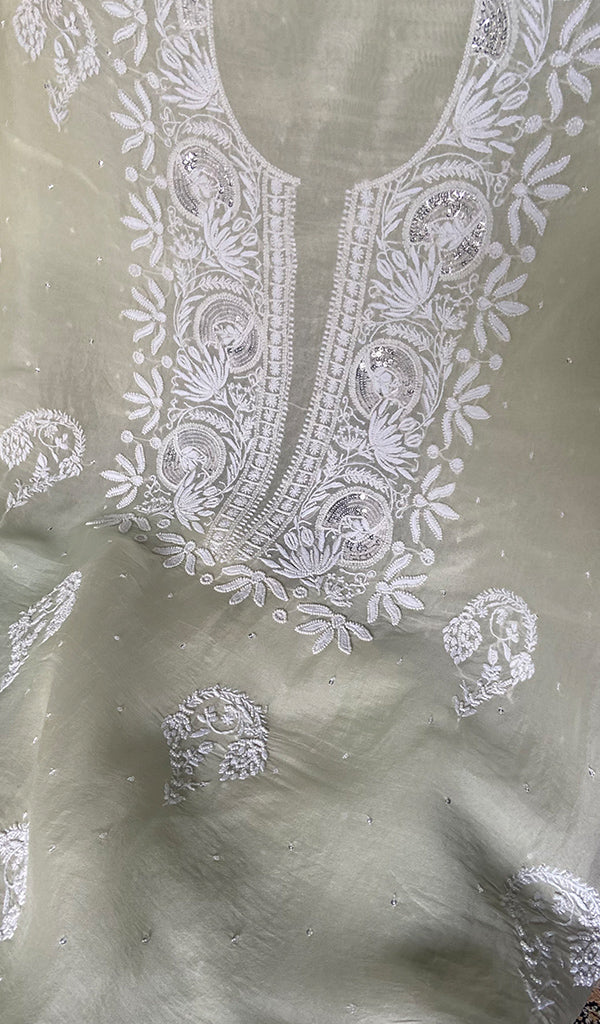 Women's Lakhnavi Handcrafted Pure Organza Chikankari Unstitched Kurta And Dupatta Set- HONC0346144