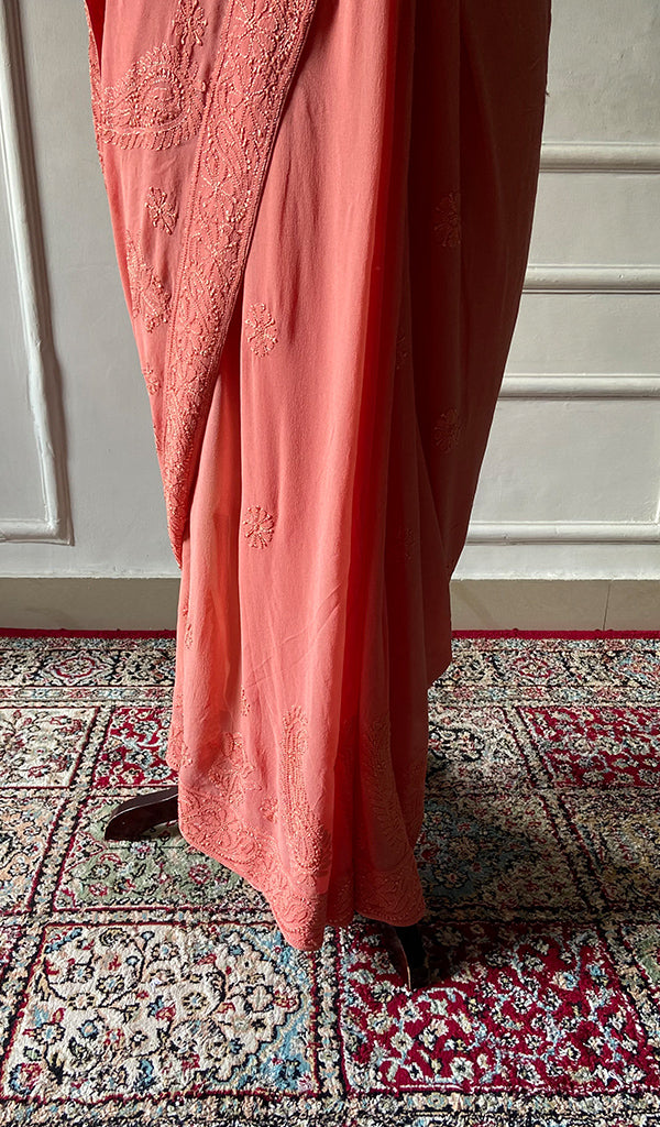 Women's Lakhnavi Handcrafted Pure Silk Georgette Chikankari Saree - HONC0309585
