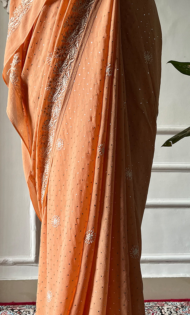 Women's Lakhnavi Handcrafted Pure Silk Georgette Chikankari Saree - HONC0274172