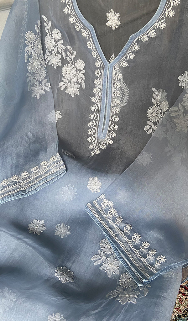 Mayuri Women's Lakhnavi Handcrafted Pure Organza Silk Chikankari Semi - stitched Full Suit Material - HONC0348611