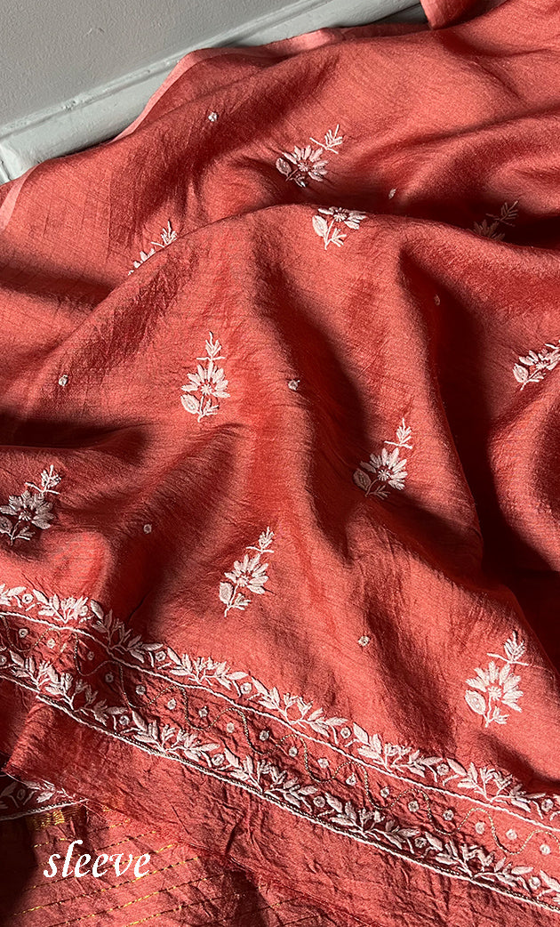 Women's Lakhnavi Handcrafted Munga Silk Chikankari Kurta And Dupatta Set- HONC0282386