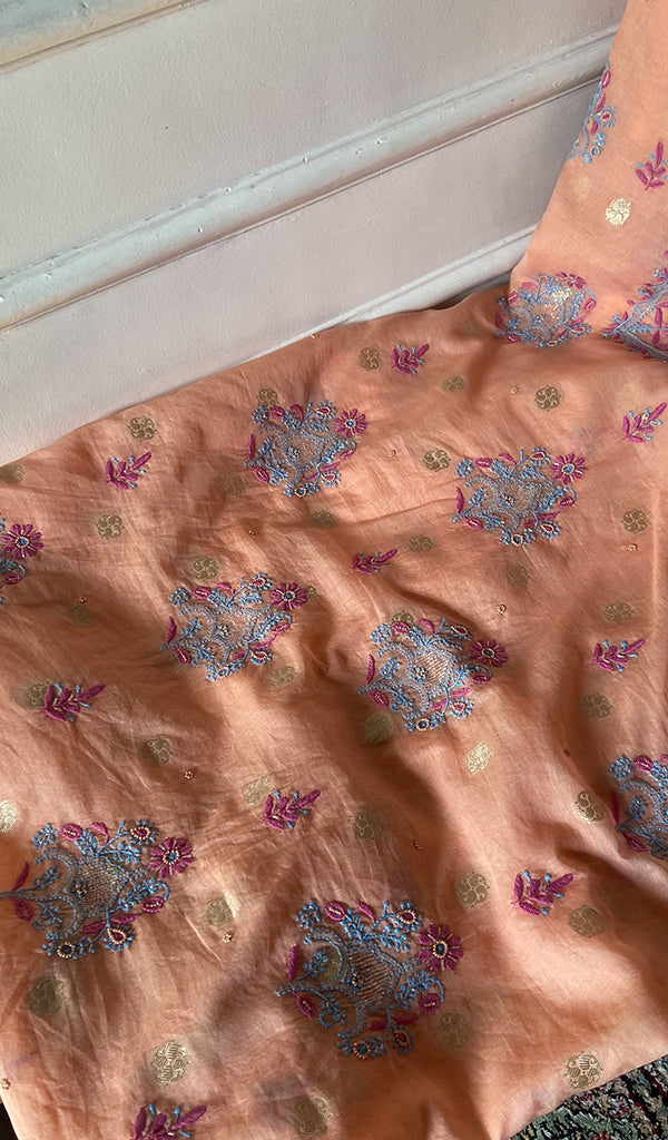Women's Lakhnavi Handcrafted Mul Chanderi Unstitched Chikankari Full Suit - HONC0352034